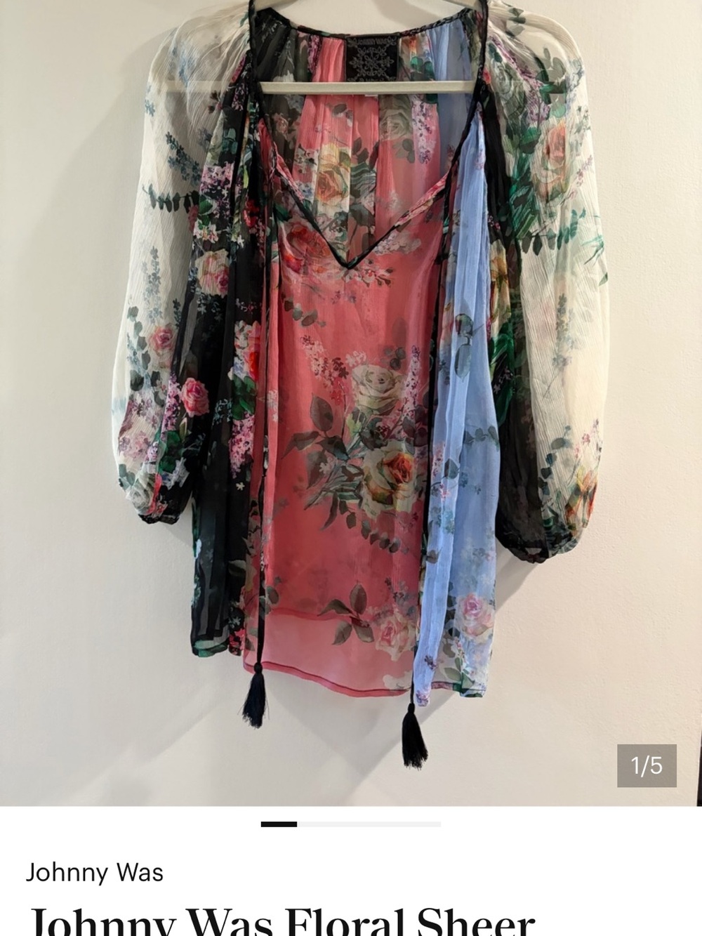 Johnny Was Pink Floral Camisole with Sheer Multi-Color Overlay